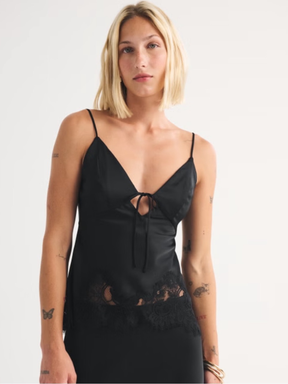 Abercrombie & Fitch Bra-Free Bella Lace Trim Satin Cami Tank Top Black Medium M